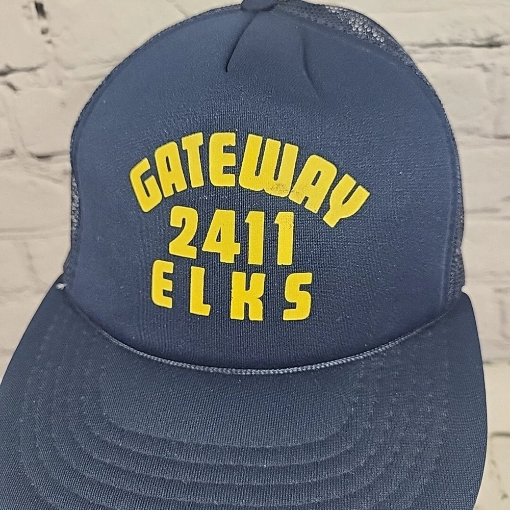 Vintage‎ Trucker Hat Elks Club Lodge 2411 Mens Navy Blue Rope Mesh Snapback Cap